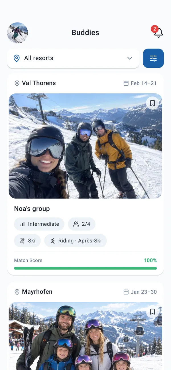 The Skify Buddies screen, listing open ski trips